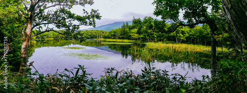 Картината върху платно A panoramic view in late summer over the Yonko (fourth) lake of Shiretoko Goko Lakes in Shiretoko National Park, a UNESCO World Natural Heritage site in Hokkaido of Japan