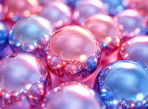 A closeup of glossy, metallic pink and blue pearls arranged in an array on a soft pastel background. Created with Ai
