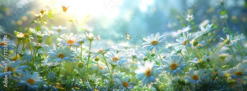 Sunlit field of daisies with fluttering butterflies. Chamomile flowers on a summer meadow in nature, panoramic landscape. © 路加 石