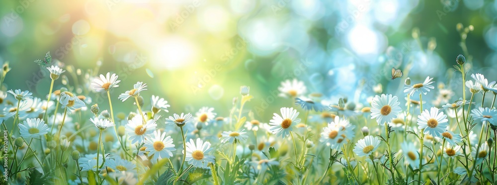Sunlit field of daisies with fluttering butterflies. Chamomile flowers on a summer meadow in nature, panoramic landscape.