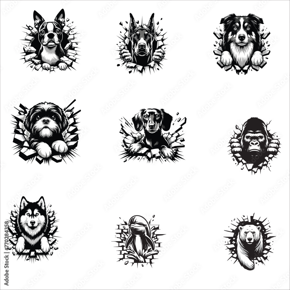 Fototapeta premium Animals looking breaks through a breakthrough wall Vector Set