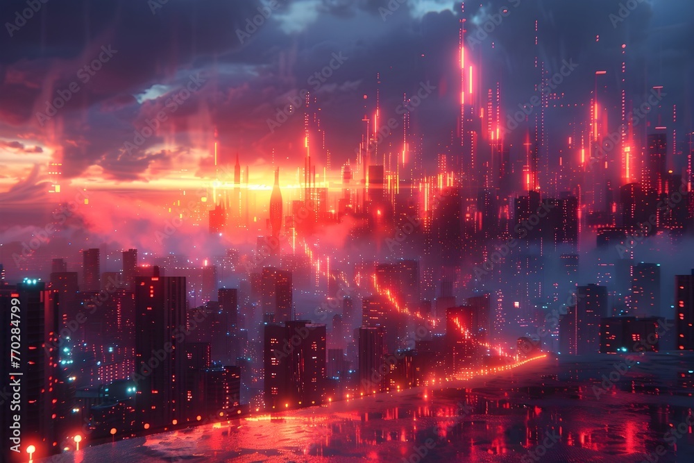 Fototapeta premium Futuristic Candle Chart Sculpture Emerging from Vibrant Neon Cityscape Backdrop