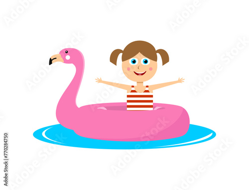 Happy little girl on pool with flamingo buoy