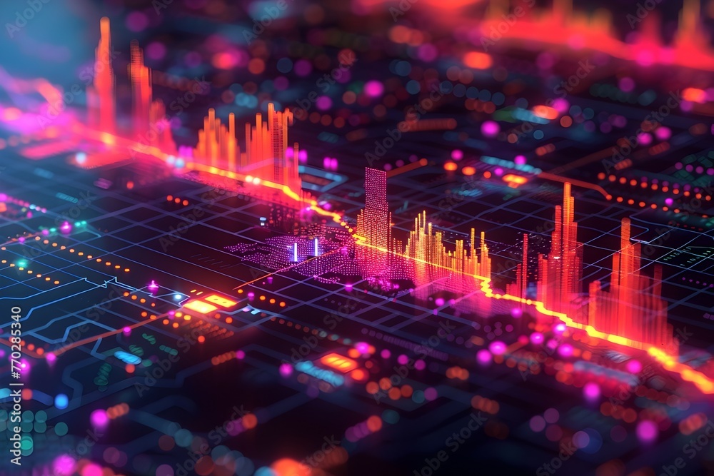 Futuristic Isometric Trading Chart with Geometric Multicolored Patterns and Interlocking Shapes