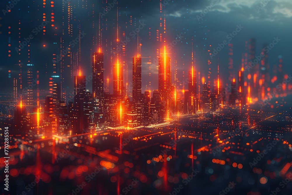 Futuristic Cityscape with Glowing Financial Data Visualization and Candlestick Chart Backdrop