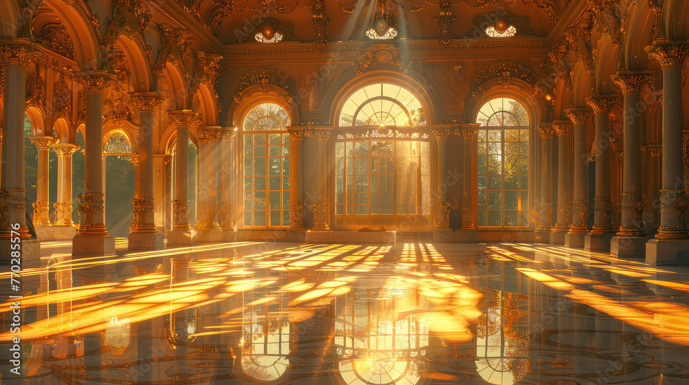 The golden ballroom of the palace, the floor is made up of large marble slabs. Created with AI