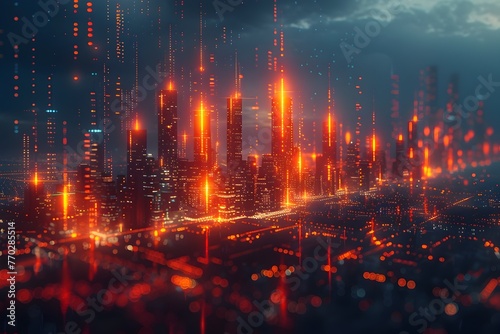 Futuristic Cityscape with Glowing Financial Data Visualization and Candlestick Chart Backdrop