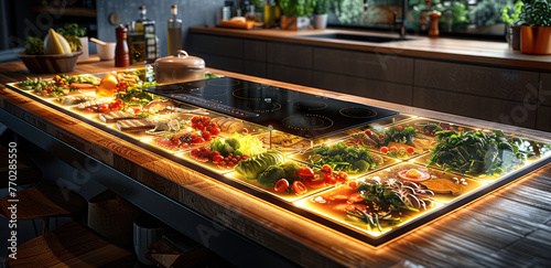 A long lighted glass counter top displaying different vegetables. Created with Ai © stock