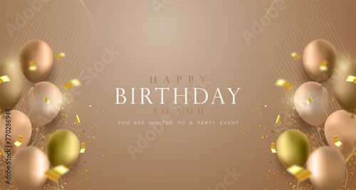 Realistic happy birthday card with luxury balloons and ribbon