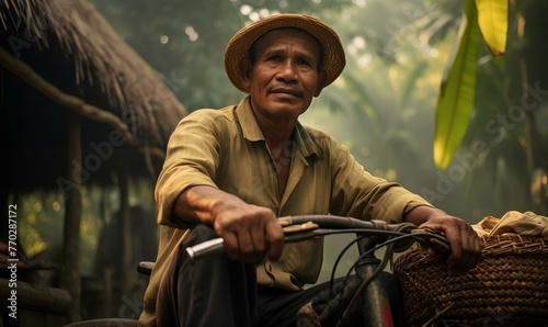 Asian senior man riding a bicycle in the countryside of Bali, Indonesia photo