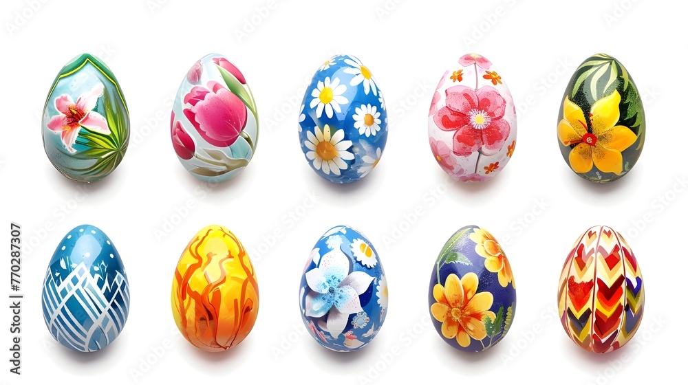 Collection of colourful hand painted decorated easter eggs on transparent background cutout, PNG file. Pattern and floral set. Many different design. Mockup template for artwork design ai generated 