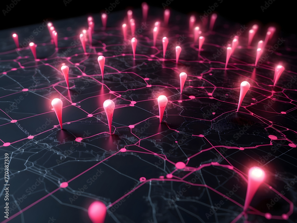 Fototapeta premium Vibrant digital map with glowing pink location pins on a dark background design, Creating a visually stunning representation of modern GPS navigation technology.