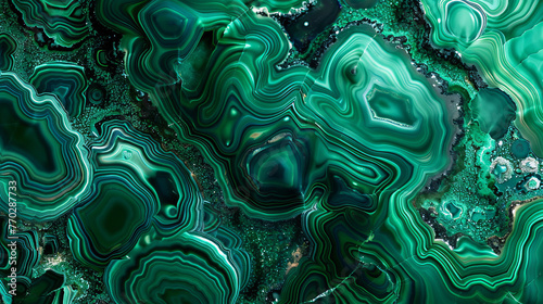 Detailed macro shot of the natural patterns and textures in emerald green malachite stone