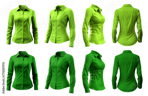 2 Set of woman dark light green lime button up long sleeve collar slim fitting shirt front, back side view on transparent background cutout, PNG file. Mockup template for artwork graphic design