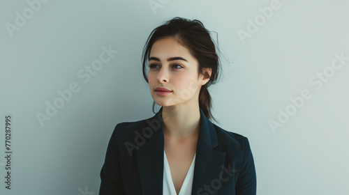 Confident Businesswoman in Navy Blue Blazer Over White Background