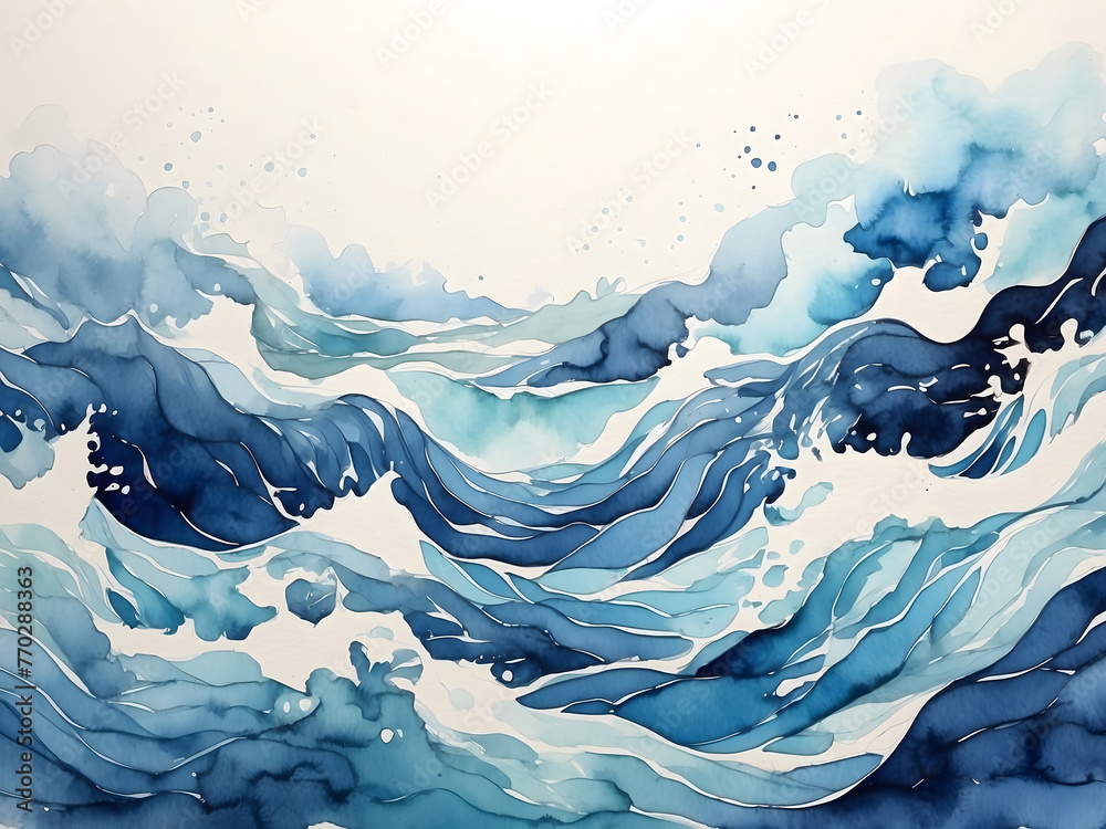 Watercolor River Background. Hand Drawn Blue Waves and Splashes of Paint design.Abstract watercolour illustration design.