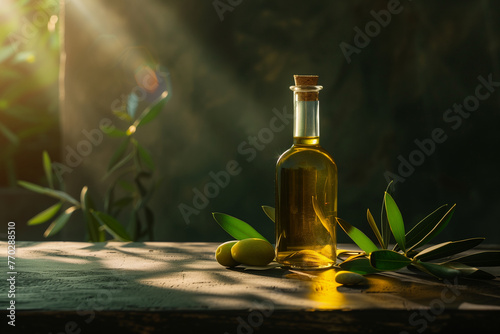 A one transparent bottle of a gold olive oil with branches with olive leaves  and fresh olives with a  space for copy text  an olive oil bottle on the table in minimalist style for mockup  no labels