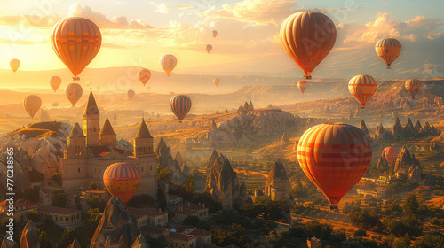  In the enchanting Cappadocia region of Turkey, hot air balloons gracefully float above the ancient rocky landscape during sunrise. Created with AI