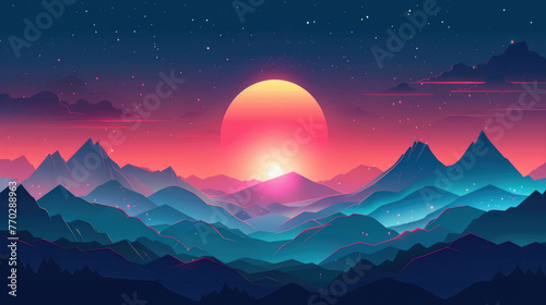 Flat color vector landscape, sleek and vibrant, designed for storytelling with expansive skies