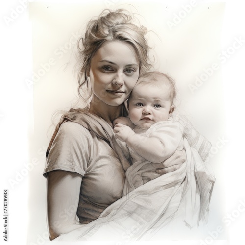 banner sketched with the painting of nother and her baby on white background photo