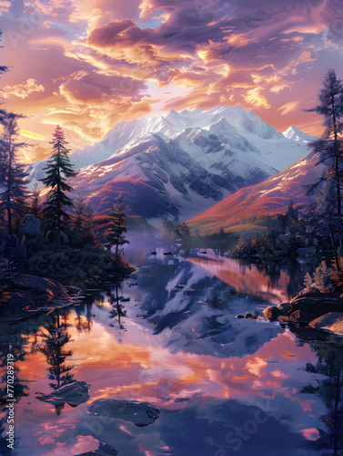 An illustration of a mountain lake at sunset, with a vivid palette of colors reflecting off the tranquil waters.