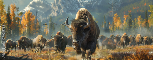 A herd of bison in the wilderness, with one very large and powerful animal leading them all.