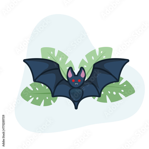 Bat flat design vector Illustration Icon decorated with leaves for web use for halloween, horror, spooky