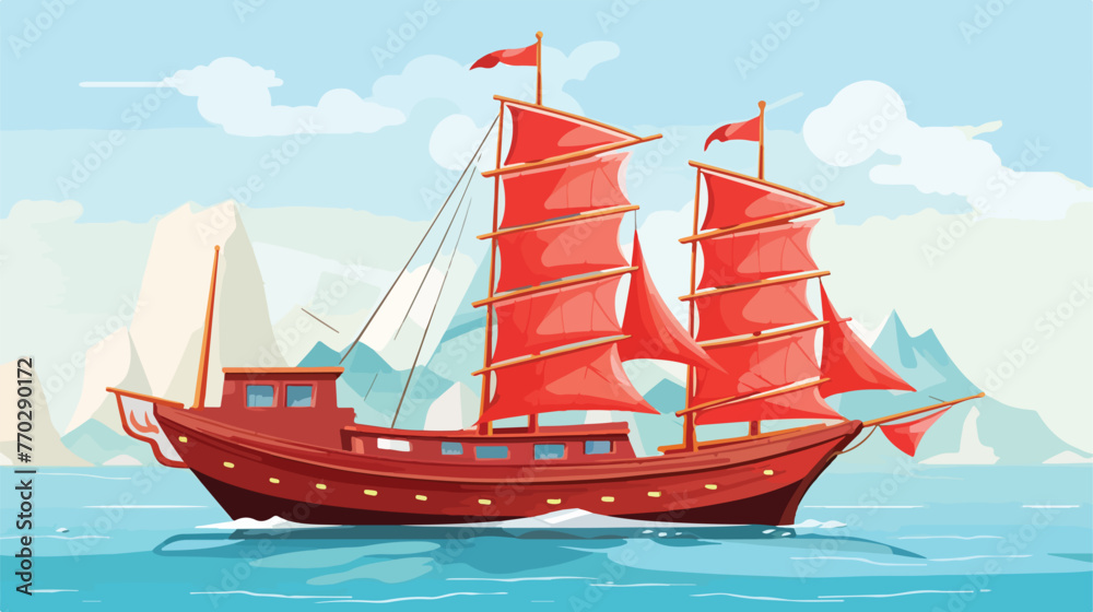 Traditional Chinese junk boat with red sails. Old w
