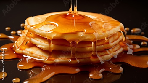 Pile of pancakes with syrup dripping down 