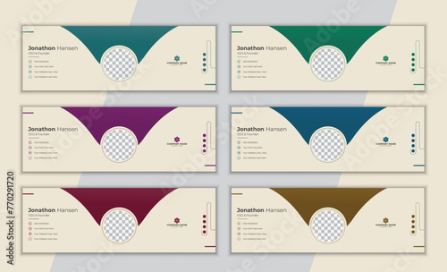 Creative minimal email signature or social media banner design template set in 6 colors variation.