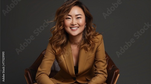 Asian woman with wavy hair wearing a burnt brown suit.