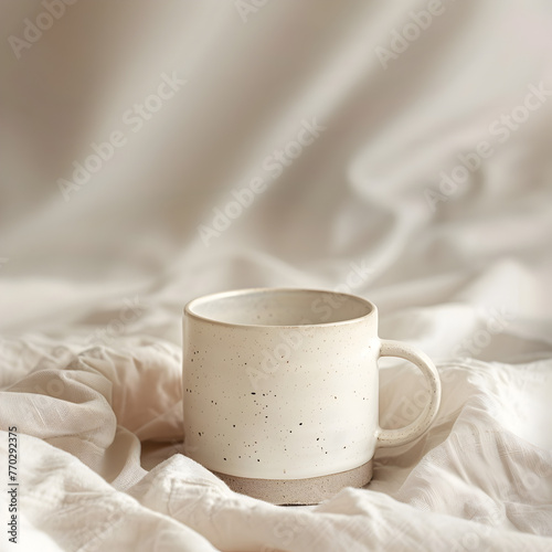 Gentle sunlight caresses a ceramic mug, highlighting its smooth texture against the crumpled linen backdrop