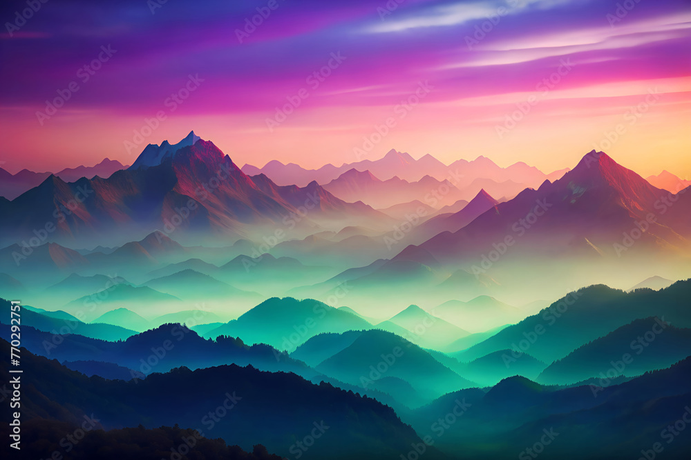 Captivating gradient, dawn’s serene beauty over mountains