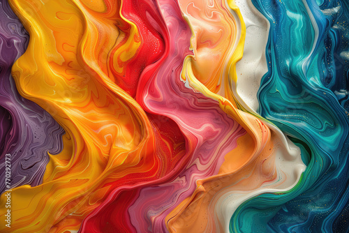 A closeup of colorful swirls in liquid paint on canvas, showcasing the vibrant colors and fluidity of acrylic paints. Created with Ai