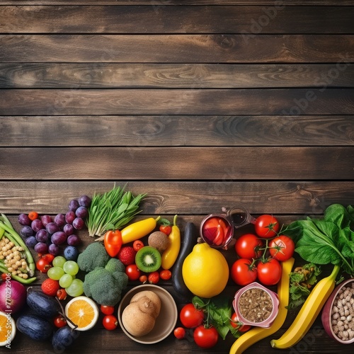 Top view of stethoscope, organic vegetables and fruits