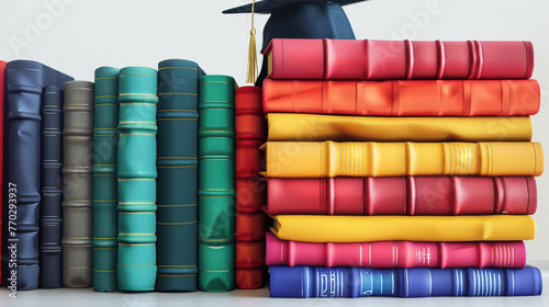 Stack of Colorful Books Topped with Graduation Cap