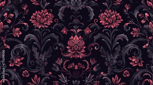 Gothic Damask seamless pattern, featuring dark, romantic florals and arches. Seamless Pattern, Fabric Pattern, Tumbler Wrap.