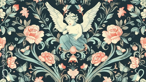 Rococo Damask seamless pattern with playful cherubs and whimsical gardens . Seamless Pattern, Fabric Pattern, Tumbler Wrap.