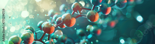 This is a visually striking 3D rendered image showcasing a complex molecule structure with a bokeh effect background