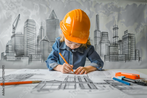 A child in a construction helmet drawing skyscrapers and buildings in pencil, showing great ambition to be an architect