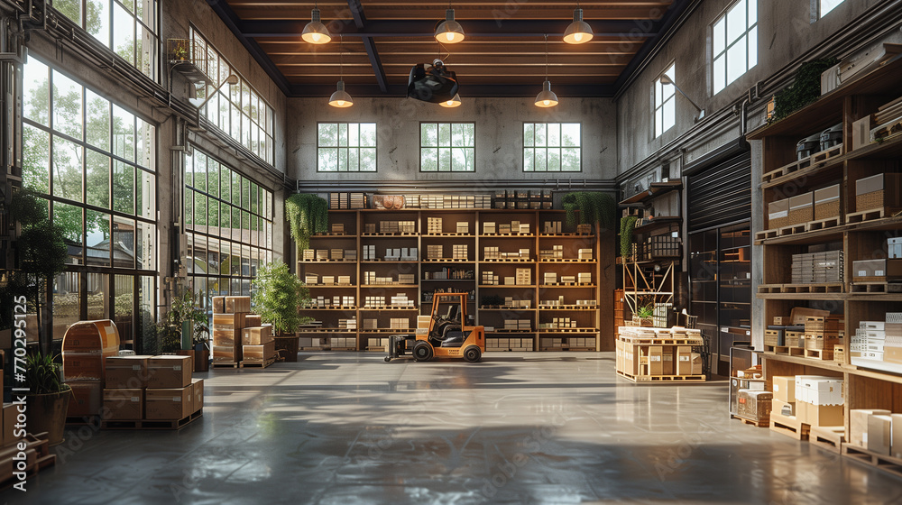 An expansive, empty warehouse interior illuminated with goods visible in the background. An expansive, empty warehouse interior illuminated with goods visible in the background.