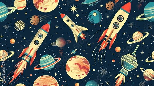 Vintage space race seamless pattern with old-school rockets, satellites, and lunar modules. Seamless Pattern, Fabric Pattern, Tumbler Wrap. photo