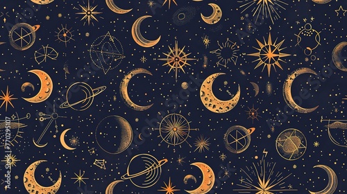 Astrological seamless pattern with mystical symbols, moon phases, and celestial bodies. Seamless Pattern, Fabric Pattern, Tumbler Wrap.