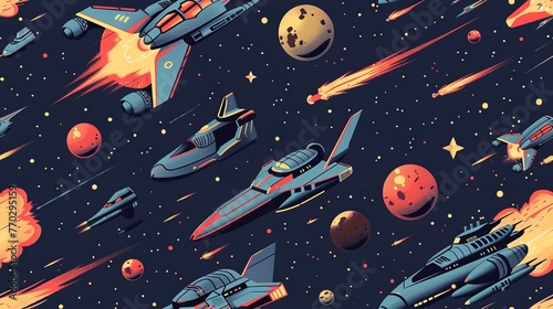 Fototapeta Naklejka Na Ścianę i Meble -  Space warfare seamless pattern with futuristic battleships, space fighters, and explosions. Seamless Pattern, Fabric Pattern, Tumbler Wrap.