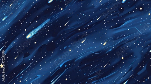 Seamless pattern of comet tails and meteor showers lighting up a starry night sky. Seamless Pattern, Fabric Pattern, Tumbler Wrap.