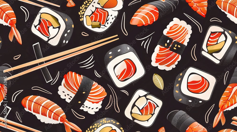 Naklejka premium Seamless pattern with a variety of sushi rolls, sashimi, and chopsticks, Japanese cuisine theme. Seamless Pattern, Fabric Pattern, Tumbler Wrap.