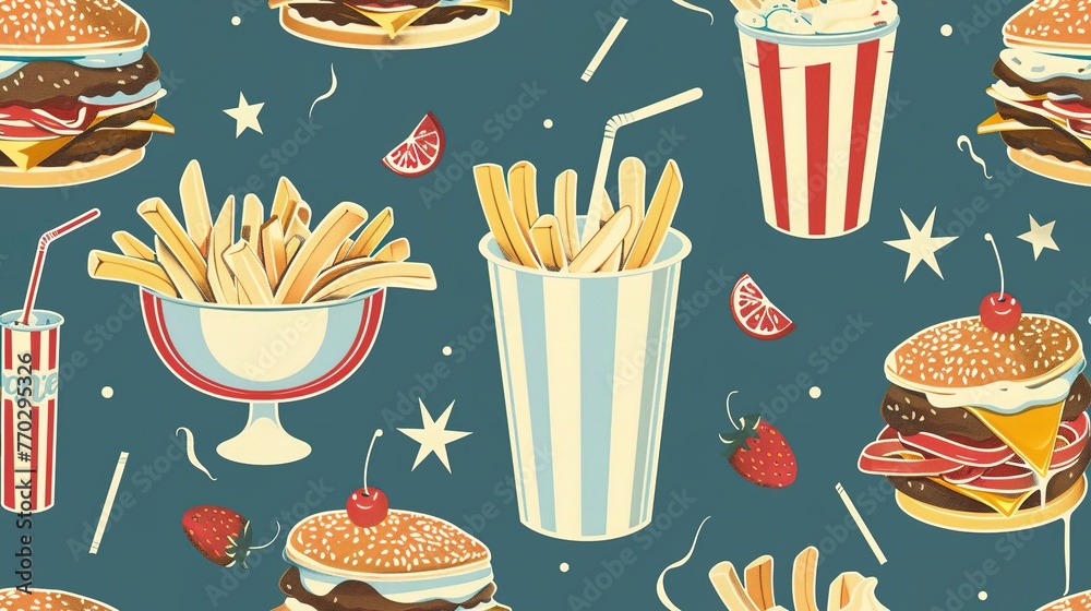 Retro diner seamless pattern featuring classic burgers, fries, and milkshakes. Seamless Pattern, Fabric Pattern, Tumbler Wrap. - obrazy, fototapety, plakaty 