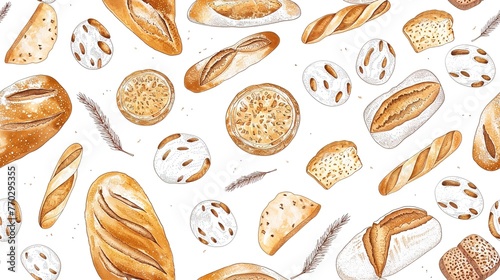 Artisan bread and bakery seamless pattern, featuring loaves, baguettes, and pastries . Seamless Pattern, Fabric Pattern, Tumbler Wrap.