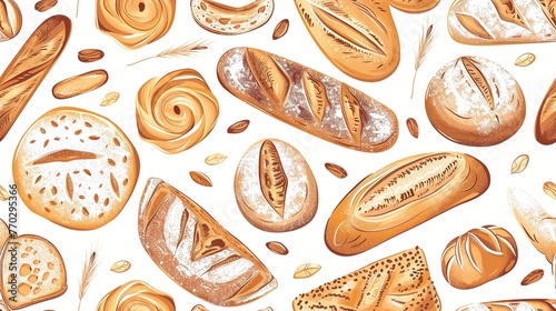Artisan bread and bakery seamless pattern, featuring loaves, baguettes, and pastries. Seamless Pattern, Fabric Pattern, Tumbler Wrap.