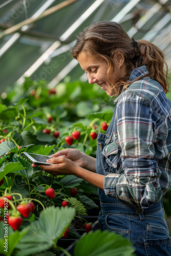 A woman joyfully inspects strawberry plants for research using a digital tablet in a farm greenhouse, a female scrutinizing strawberries in an agricultural setting photo